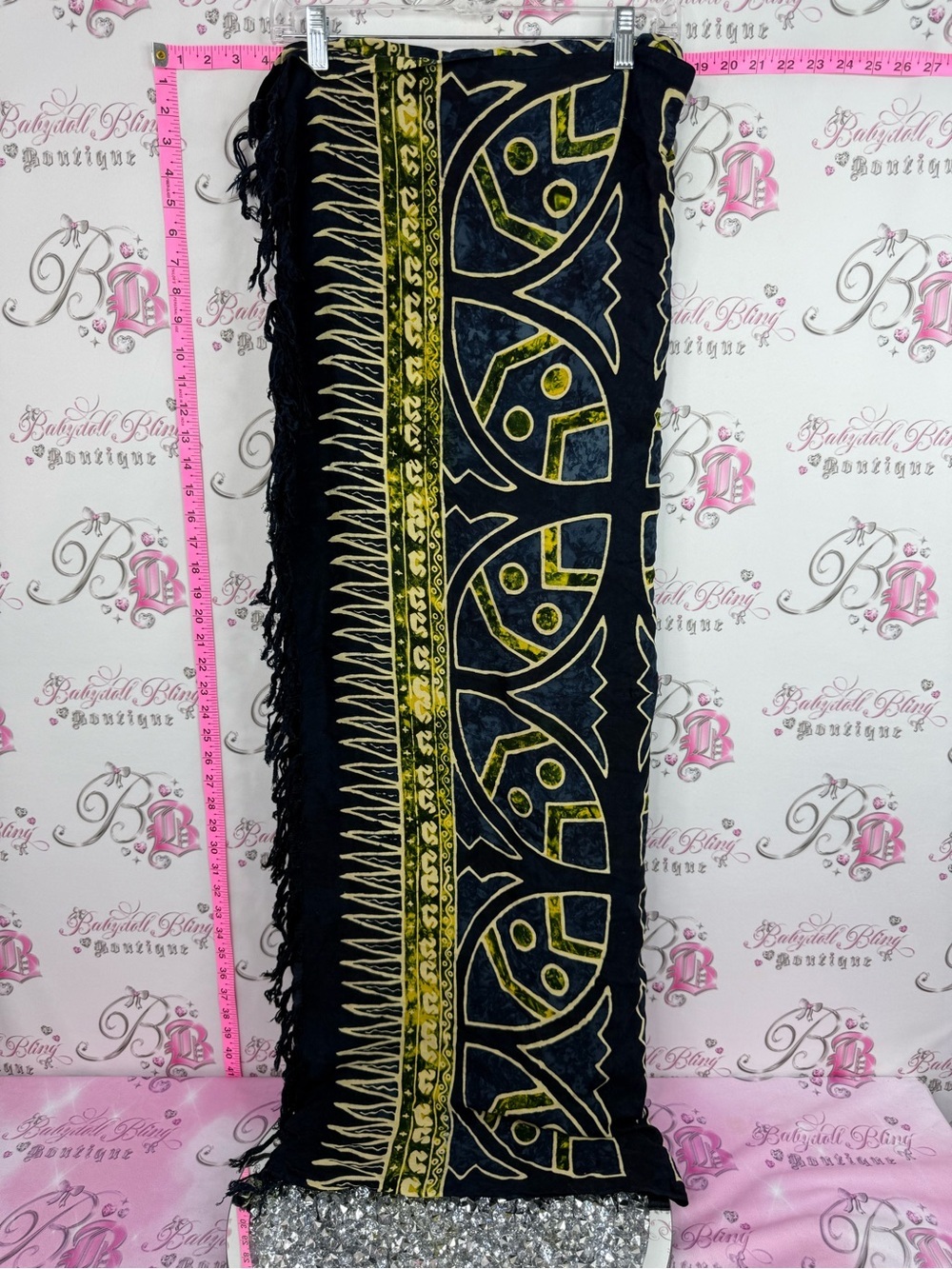 Scarf wrap dress or skirt ect TIKI print Black & Olive Tribal Print Fringe Scarf